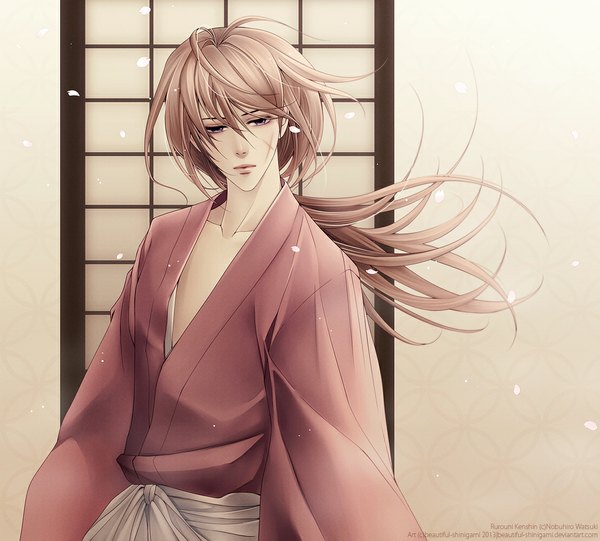 Anime picture 1108x1000 with rurouni kenshin himura kenshin beautiful-shinigami single long hair brown hair purple eyes signed scar boy petals hakama