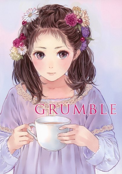 Anime picture 1226x1750 with original grumble (artbook) kishida mel single long hair tall image looking at viewer blush breasts brown hair holding hair flower flat chest blue background cover page girl hair ornament flower (flowers) mug