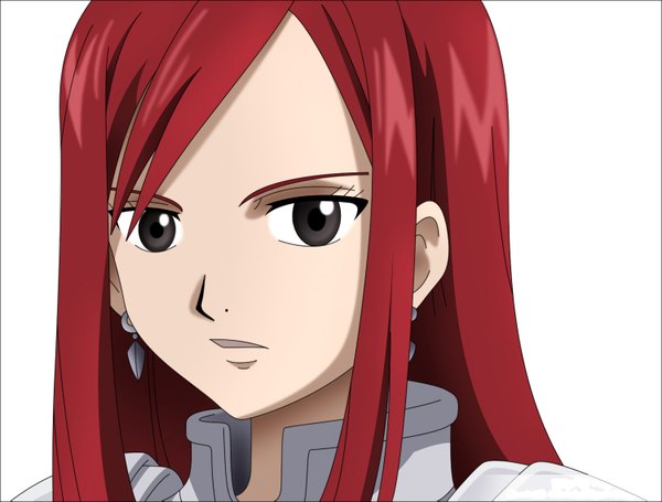Anime picture 1500x1139 with fairy tail erza scarlet dekkenminus single long hair open mouth white background brown eyes red hair coloring portrait face girl earrings armor