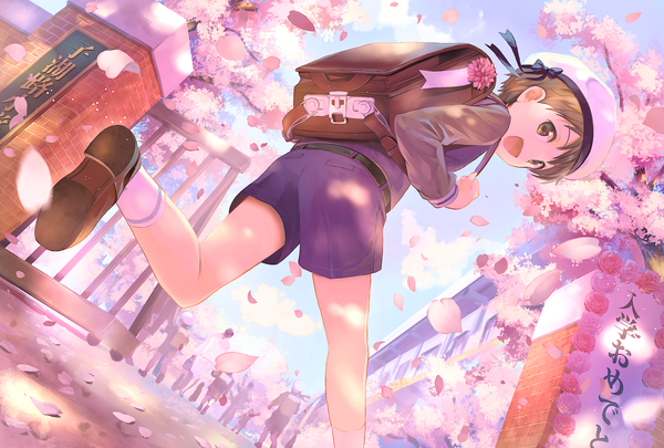 Anime picture 2500x1689 with original cocolo (co co lo) looking at viewer highres short hair open mouth smile brown hair brown eyes outdoors :d looking back wind cherry blossoms happy solo focus running spring gate boy