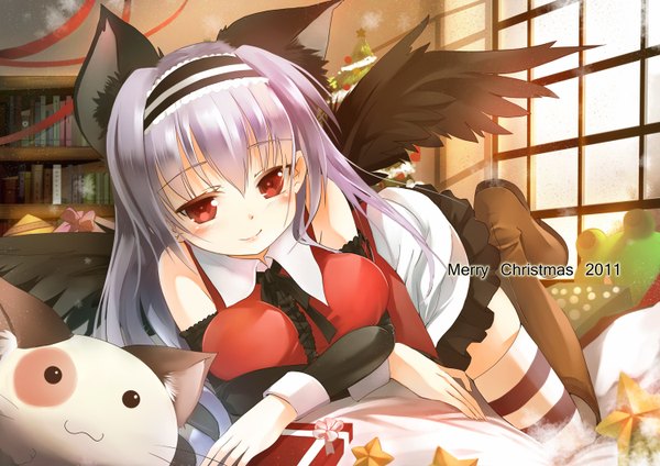 Anime picture 1500x1060 with mashiroiro symphony amaha miu fuyouchu single long hair blush smile red eyes bare shoulders animal ears purple hair cat ears girl thighhighs dress detached sleeves wings boots hairband cat