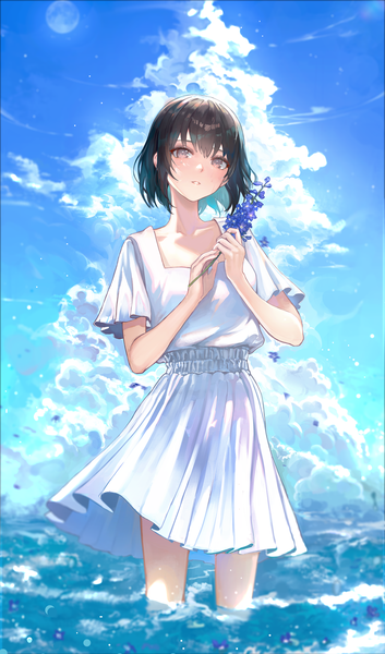 Anime picture 3175x5392 with original lacy (beees002) single tall image looking at viewer fringe highres short hair black hair hair between eyes standing holding brown eyes absurdres sky cloud (clouds) outdoors parted lips pleated skirt short sleeves
