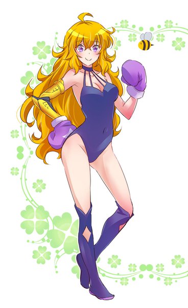 Anime picture 1226x2000 with rwby bee and puppycat rooster teeth yang xiao long toast (bee and puppycat) iesupa single long hair tall image looking at viewer breasts light erotic blonde hair large breasts purple eyes ahoge covered navel cosplay halterneck curly hair