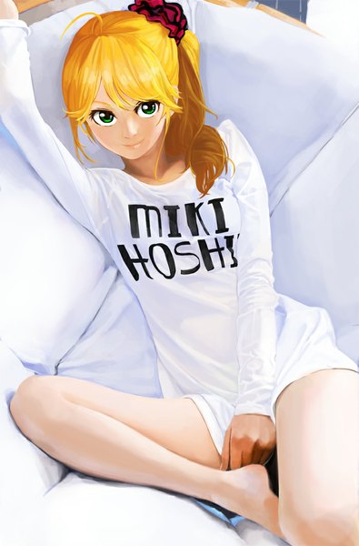 Anime picture 700x1063 with idolmaster hoshii miki gulim single long hair tall image looking at viewer blush blonde hair smile green eyes ponytail barefoot lips bare legs character names covering crotch girl shirt