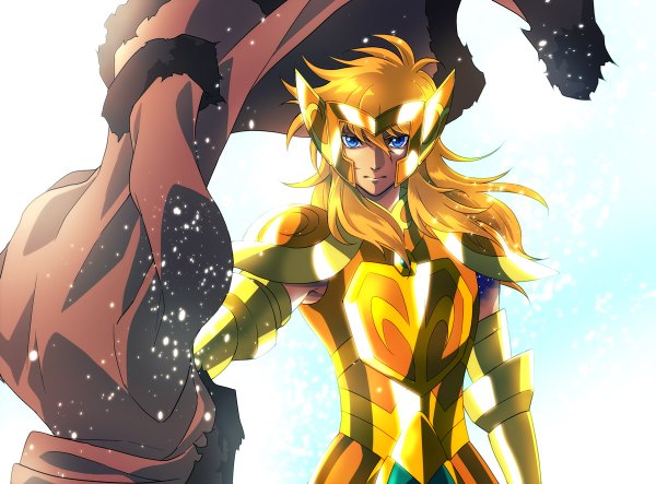 Anime picture 1200x886 with saint seiya toei animation tagme (character) abineko single long hair looking at viewer blue eyes simple background blonde hair wind boy armor cloak