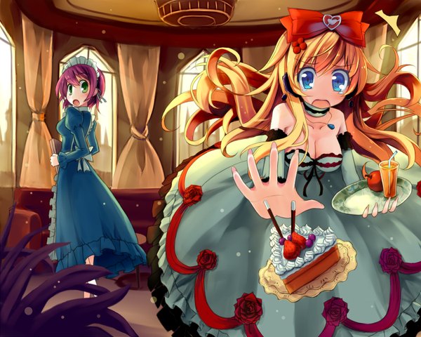 Anime picture 1500x1200 with original hoshi no gen long hair short hair open mouth blue eyes blonde hair multiple girls green eyes pink hair maid girl bow 2 girls hair bow food sweets teardrop tray