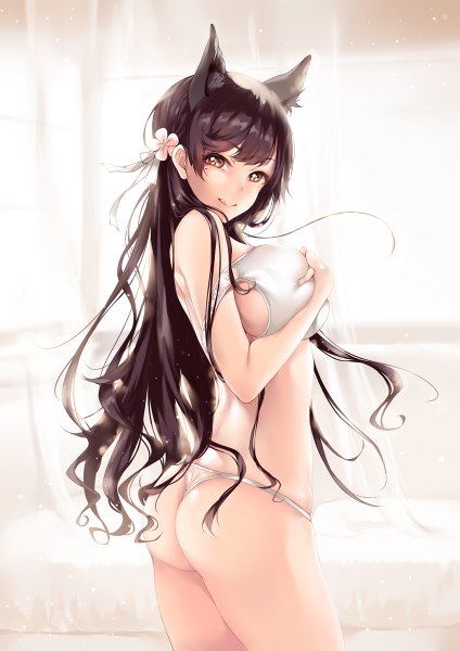 Anime picture 848x1200 with azur lane atago (azur lane) noodle-y single long hair tall image looking at viewer blush fringe breasts light erotic black hair smile large breasts standing bare shoulders brown eyes animal ears ass indoors
