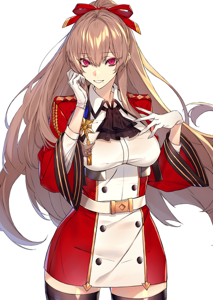 Anime picture 2000x2811 with azur lane swiftsure (azur lane) hachizowo single long hair tall image looking at viewer fringe highres breasts simple background smile hair between eyes red eyes brown hair standing white background parted lips mole wide sleeves