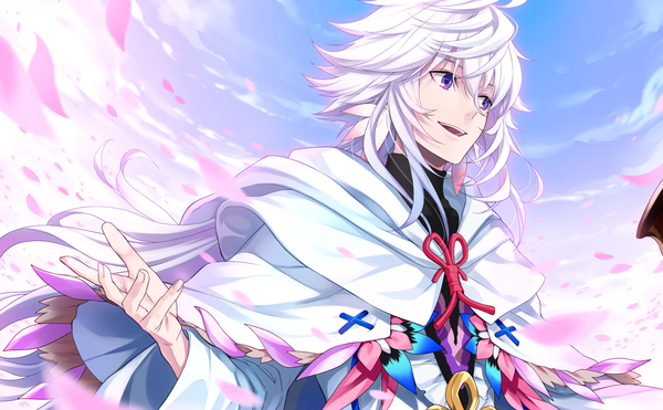 Anime picture 2100x1300 with fate (series) fate/grand order merlin (fate) chimachi single long hair fringe highres hair between eyes wide image purple eyes looking away upper body white hair boy petals
