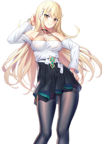 Anime picture 849x1200 with xenoblade xenoblade 2 mythra (xenoblade) ririko (zhuoyandesailaer) single long hair tall image looking at viewer blush fringe breasts light erotic simple background blonde hair smile hair between eyes large breasts standing white background bare shoulders