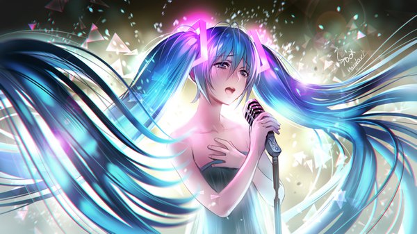 Anime picture 1600x900 with vocaloid hatsune miku midori foo single fringe open mouth hair between eyes wide image holding signed payot looking away ahoge upper body very long hair aqua eyes aqua hair floating hair hand on chest flat chest