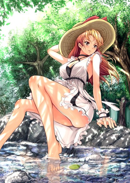 Anime picture 2598x3661 with original soyokaze single long hair tall image blush highres light erotic brown hair sitting brown eyes looking away barefoot sunlight bare legs river girl dress plant (plants) hat