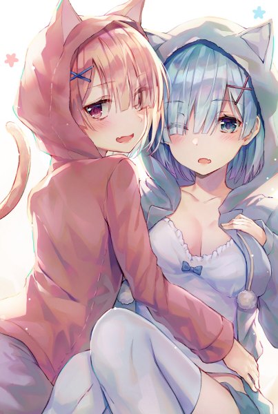 Anime picture 806x1200 with re:zero kara hajimeru isekai seikatsu white fox rem (re:zero) ram (re:zero) huwari (dnwls3010) tall image looking at viewer blush fringe short hair breasts open mouth blue eyes simple background white background sitting multiple girls animal ears blue hair pink hair