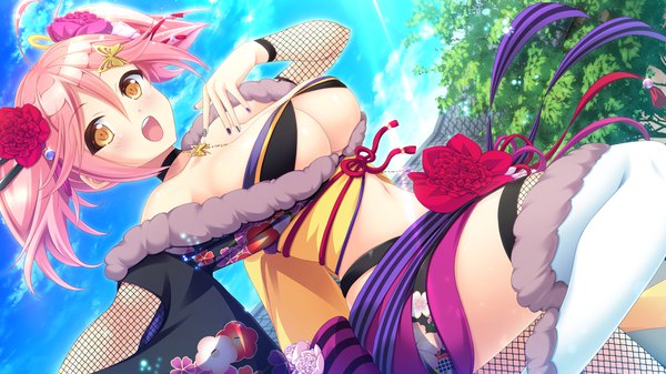 Anime picture 2560x1440 with lovekami -trouble goddess- tsubaki akane mizuno (suisuiw) single looking at viewer blush fringe highres short hair breasts open mouth light erotic hair between eyes wide image large breasts twintails brown eyes pink hair game cg sky