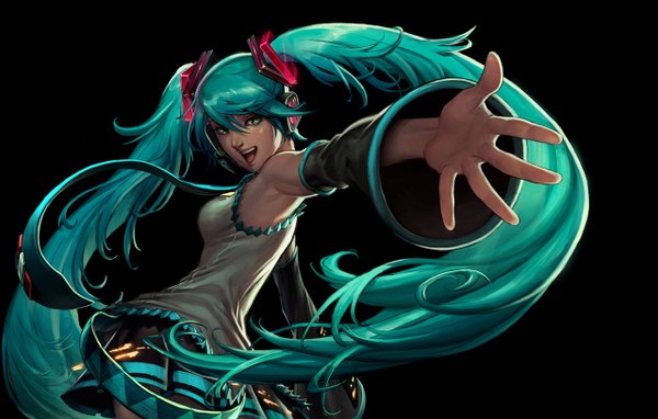 Anime picture 1280x816 with vocaloid hatsune miku alvin lee single blush fringe open mouth simple background twintails very long hair aqua eyes aqua hair black background happy girl skirt detached sleeves belt headphones