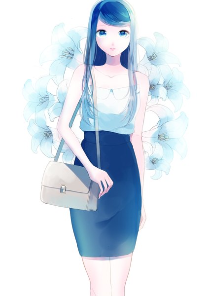 Anime picture 2894x4093 with original maayan single long hair tall image looking at viewer highres blue eyes standing bare shoulders blue hair girl skirt flower (flowers) bag long skirt