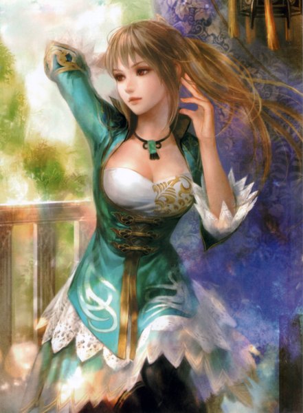 Anime picture 2456x3337 with shin sangoku musou wang yuanji single long hair tall image highres breasts brown hair large breasts standing brown eyes looking away ponytail light smile wind sunlight arms behind head girl thighhighs dress
