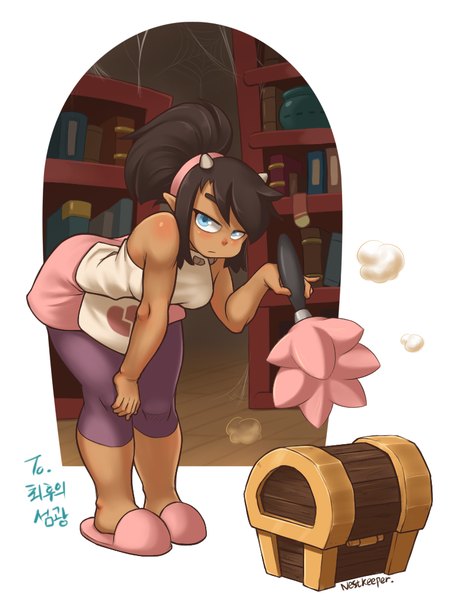 Anime picture 768x1024 with dofus (game) nestkeeper single tall image blush short hair blue eyes black hair horn (horns) pointy ears leaning dark skin girl shoes book (books) shelf bookshelf slippers chest