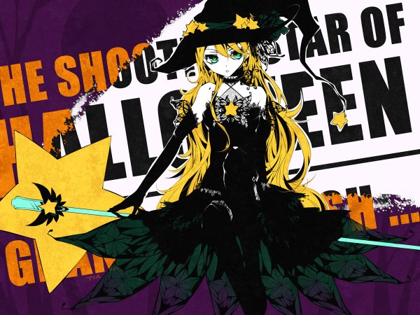 Anime picture 1200x900 with original tooaya long hair blonde hair green eyes halloween witch girl dress gloves elbow gloves star (symbol) witch hat