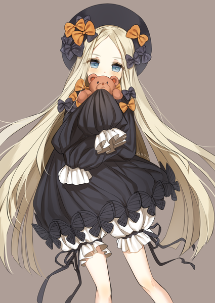 Anime picture 1000x1412 with fate (series) fate/grand order abigail williams (fate) haruri single long hair tall image looking at viewer blush blue eyes simple background blonde hair long sleeves covered mouth brown background girl dress bow hair bow hat
