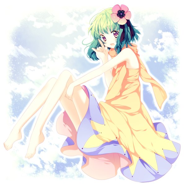 Anime picture 1672x1672 with macross macross frontier ranka lee riichu single open mouth smile white background sitting purple eyes cloud (clouds) barefoot hair flower green hair framed girl dress hair ornament flower (flowers)