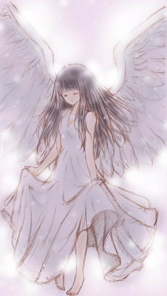 Anime picture 679x1200 with hyouka kyoto animation chitanda eru bluez single long hair tall image fringe open mouth eyes closed barefoot grey hair dress lift angel sketch girl dress wings