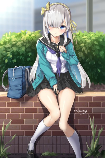 Anime picture 708x1066 with fate (series) fate/grand order anastasia (fate) tyone single long hair tall image looking at viewer blush fringe breasts blue eyes sitting signed silver hair outdoors parted lips pleated skirt hair over one eye open clothes
