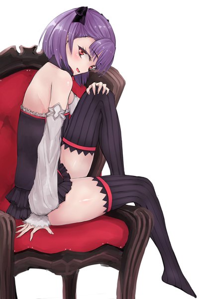 Anime picture 683x1024 with fate (series) fate/grand order helena blavatsky (fate) yukiguni yuu single tall image looking at viewer blush short hair light erotic simple background red eyes white background sitting bare shoulders purple hair full body thighs hand on knee girl