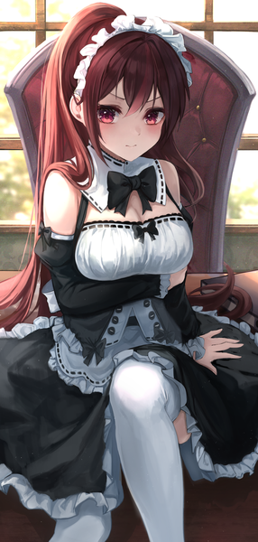 Anime picture 2480x5200 with original nao (okt8538) single long hair tall image looking at viewer blush fringe highres breasts hair between eyes red eyes brown hair sitting cleavage ponytail indoors arm support maid breast hold