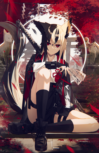 Anime picture 1416x2186 with original nagishiro mito single long hair tall image looking at viewer fringe black hair hair between eyes red eyes sitting holding animal ears full body bent knee (knees) white hair tail animal tail multicolored hair two-tone hair