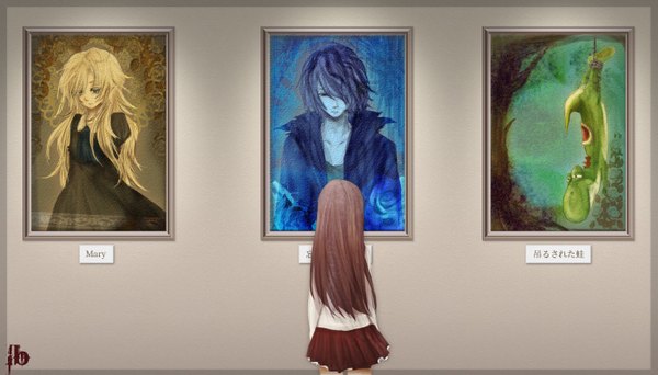 Anime picture 1400x800 with ib (game) garry (ib) ib (ib) mary (ib) long hair short hair blonde hair brown hair wide image purple hair from behind inscription back hieroglyph girl boy skirt picture