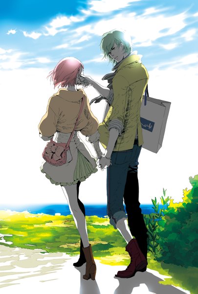 Anime picture 1000x1479 with uta no prince-sama a-1 pictures nanami haruka (uta no prince-sama) mikaze ai mieno saori tall image short hair open mouth pink hair sky cloud (clouds) wind from behind aqua hair teeth shadow grey eyes high heels couple holding hands
