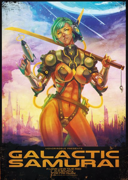 Аниме картинка 2631x3676 с galactic samurai (artbook) monori rogue один (одна) высокое изображение смотрит на зрителя высокое разрешение короткие волосы грудь лёгкая эротика большая грудь зелёные глаза зелёные волосы губы девушка пупок оружие меч катана огнестрельное оружие защитные очки