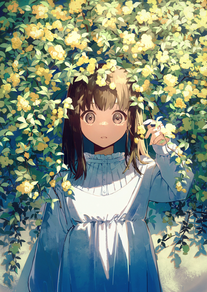 Anime picture 1254x1771 with original hanamoto single long hair tall image looking at viewer fringe brown hair brown eyes upper body outdoors girl dress flower (flowers) white dress