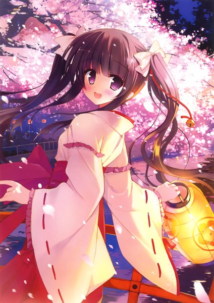 Anime picture 3250x4599 with original eshi 100-nin ten mamita single long hair tall image blush highres open mouth black hair purple eyes twintails absurdres traditional clothes cherry blossoms miko girl bow plant (plants) hair bow