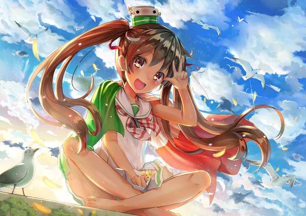 Anime picture 1414x1000 with kantai collection libeccio destroyer qian wu atai single long hair looking at viewer blush fringe open mouth hair between eyes brown hair sitting brown eyes sky cloud (clouds) full body outdoors :d barefoot wind