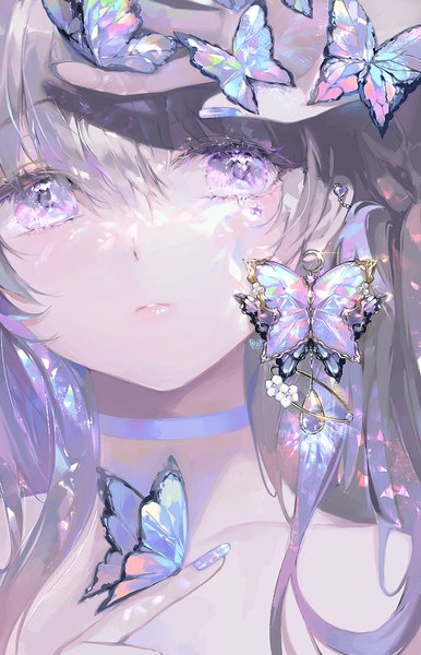 Anime picture 732x1137 with original pla4neta single long hair tall image fringe hair between eyes purple eyes silver hair upper body nail polish butterfly on hand girl choker insect butterfly single earring