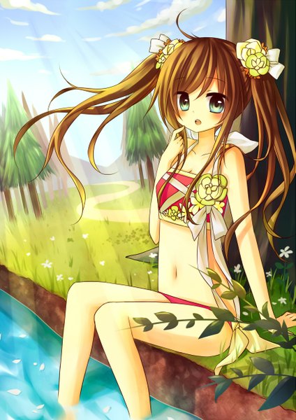 Anime picture 1753x2480 with original amane kurumi long hair tall image blush highres open mouth blue eyes brown hair twintails girl navel hair ornament water