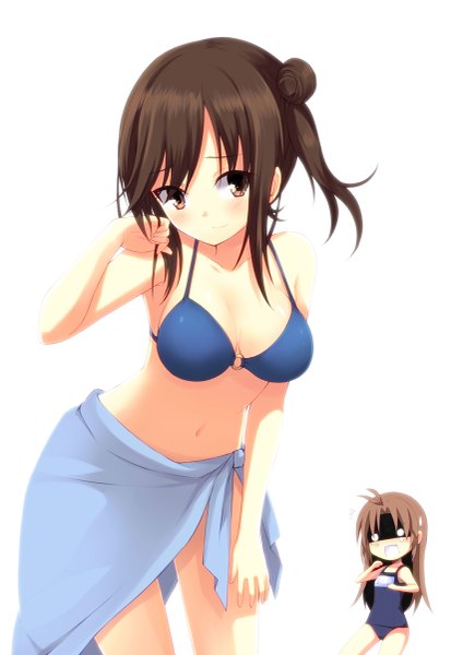 Anime picture 849x1200 with non non biyori silver link aixioo long hair tall image blush light erotic black hair simple background white background brown eyes girl navel swimsuit bikini one-piece swimsuit school swimsuit