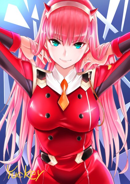 Anime picture 1000x1416 with darling in the franxx studio trigger zero two (darling in the franxx) yuckey single long hair tall image looking at viewer fringe breasts simple background smile hair between eyes standing signed pink hair long sleeves horn (horns) aqua eyes arms up