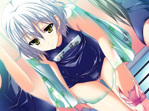 Anime picture 1024x768 with henshin!!! ~pantsu ni natte kunkun peropero~ may-be soft tagme (character) andou roza akaza looking at viewer blush short hair breasts light erotic bare shoulders multiple girls green eyes game cg grey hair bare legs wet flat chest cameltoe ass visible through thighs