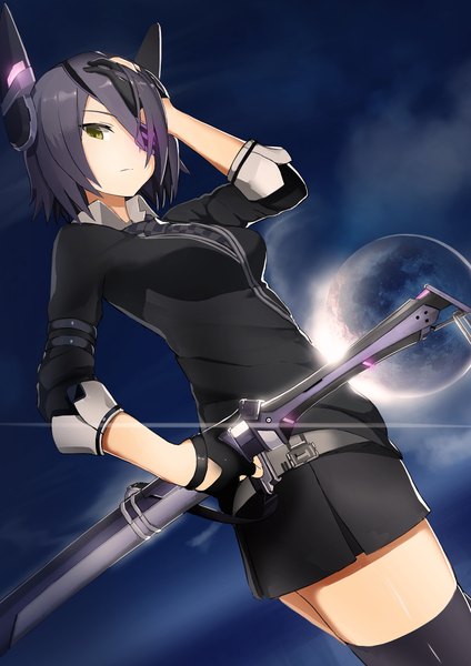 Anime picture 1400x1980 with kantai collection tenryuu light cruiser ccaw single tall image looking at viewer short hair black hair standing green eyes sunlight night night sky hand on head sunbeam eclipse girl thighhighs gloves weapon