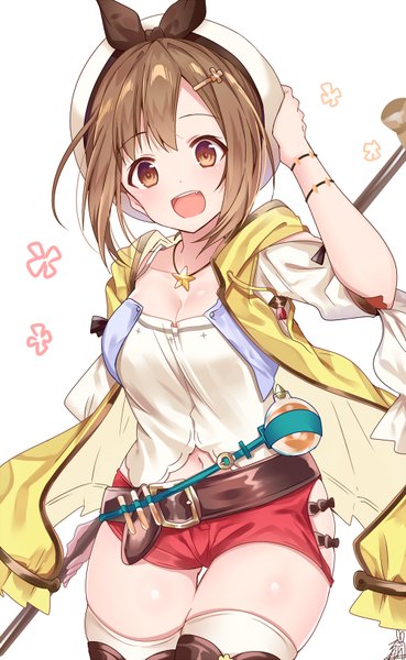 Anime picture 500x812 with atelier (series) atelier ryza gust (company) reisalin stout omuretsu single tall image looking at viewer blush fringe short hair breasts open mouth simple background smile brown hair standing white background holding brown eyes