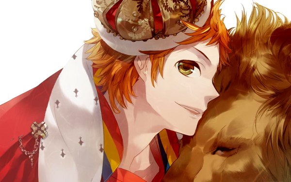 Anime picture 1280x800 with starry sky naoshi haruki kazuaki wide image yellow eyes orange hair king boy animal crown lion