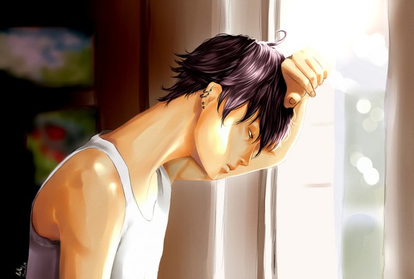 Anime picture 2043x1380 with original aleeth single highres short hair signed purple hair arm support orange eyes boy earrings window