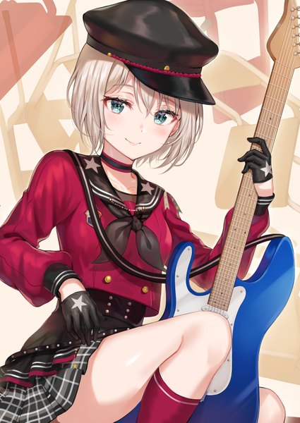 Anime picture 2375x3349 with bang dream! aoba moca tokkyu single tall image looking at viewer blush fringe highres short hair smile hair between eyes sitting green eyes silver hair bent knee (knees) sailor collar double buttons star print girl