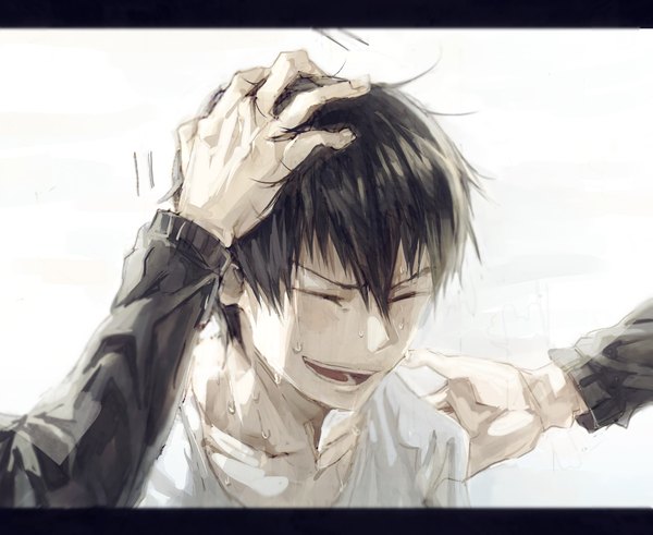 Anime picture 1150x942 with haikyuu!! production i.g kageyama tobio dasaki fringe short hair open mouth black hair simple background hair between eyes white background eyes closed from above sweat letterboxed solo focus messy hair hand on another's head boy