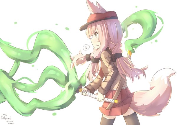 Anime picture 3508x2480 with original hinbackc single long hair highres simple background standing white background green eyes signed animal ears pink hair absurdres tail braid (braids) animal tail profile pleated skirt fox ears dated
