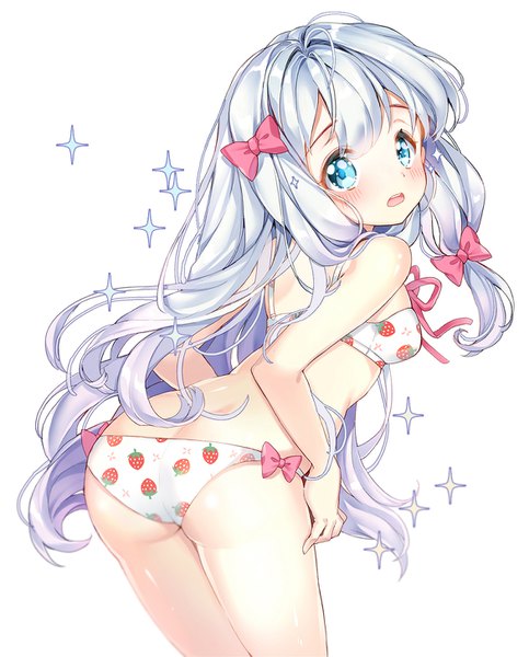 Anime picture 1172x1456 with eromanga sensei a-1 pictures izumi sagiri pingo single long hair tall image looking at viewer blush fringe open mouth blue eyes light erotic simple background hair between eyes white background silver hair ass looking back leaning