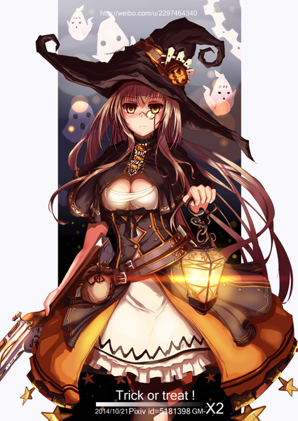 Anime picture 767x1082 with amagi brilliant park kyoto animation sento isuzu x2 single long hair tall image looking at viewer brown hair brown eyes halloween witch trick or treat girl dress weapon hat gun witch hat lamp